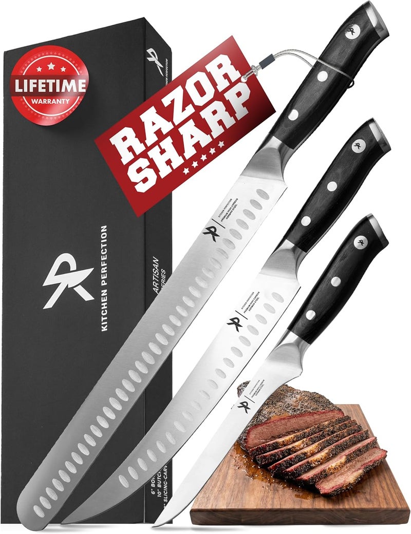 Kitchen perfection 3-Piece BBQ Slicing & Carving Meat Knife Set -12” Brisket Knife, 10” Butcher Knife, 6” Boning Knife with Sheaths -Razor Sharp German Steel,Full Tang Ergonomic Handles- Gifts for Men - Image 1